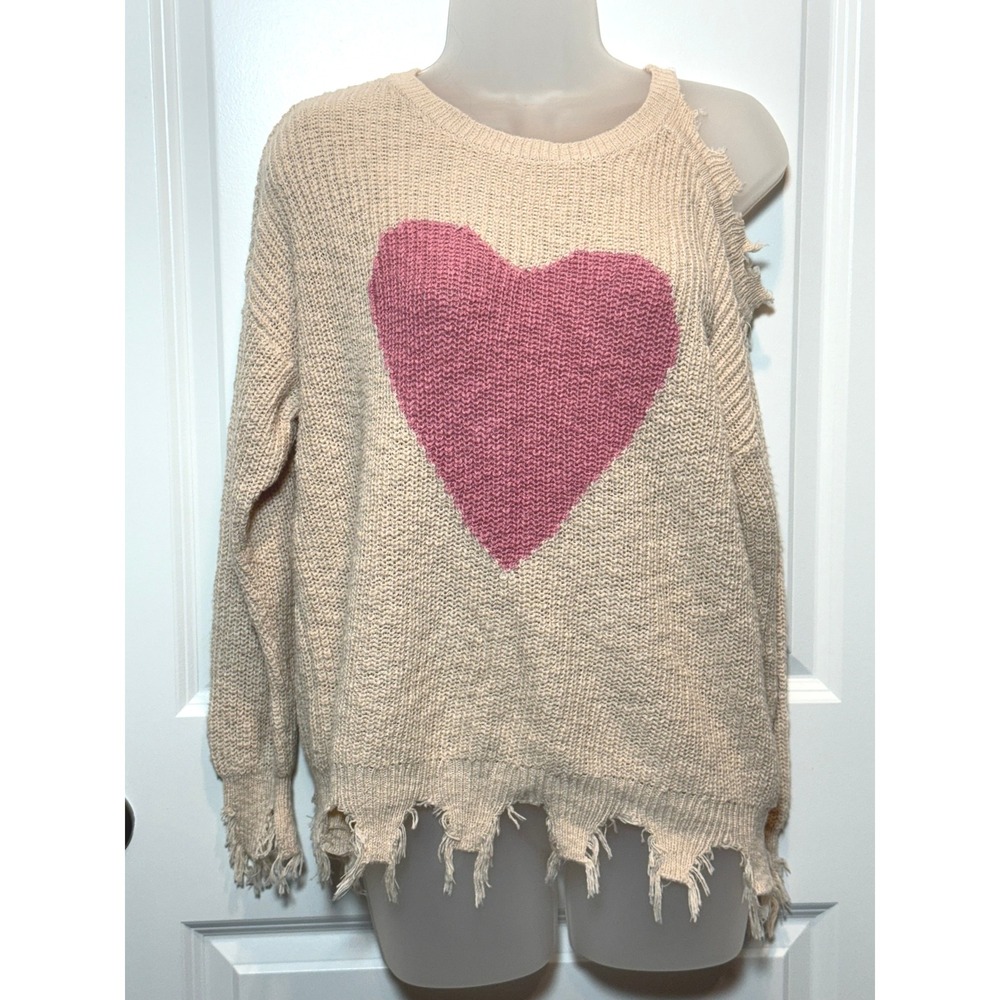 Cato Distressed Cold Shoulder Knit Sweater Pink Heart Cream Medium Valentines